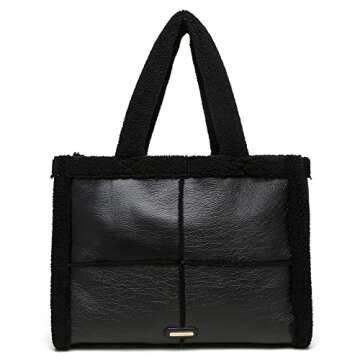 Like Dreams Women Soft Sherpa Tote Vintage Vegan Leather Winter Fashion Large Handbag Purse (Black)