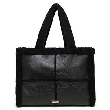 Like Dreams Women Soft Sherpa Tote Vintage Vegan Leather Winter Fashion Large Handbag Purse (Black)