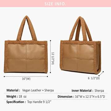 Like Dreams Women Soft Sherpa Tote Vintage Vegan Leather Winter Fashion Large Handbag Purse (Black)
