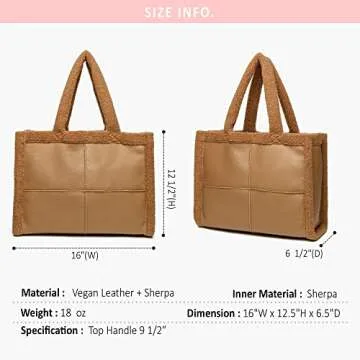 Like Dreams Women Soft Sherpa Tote Vintage Vegan Leather Winter Fashion Large Handbag Purse (Black)