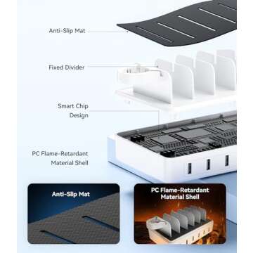 Honcila Charging Station for Multiple Devices, 50W 6 Ports Multi Charger Station Charging Dock with Groove Design and 6 Mixed Charging Cables for iPhone, iPad, Kindle, Tablet, Cellphone and Others
