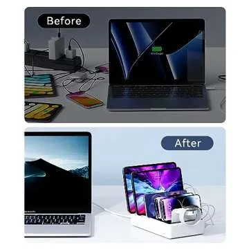 Honcila Charging Station for Multiple Devices, 50W 6 Ports Multi Charger Station Charging Dock with Groove Design and 6 Mixed Charging Cables for iPhone, iPad, Kindle, Tablet, Cellphone and Others