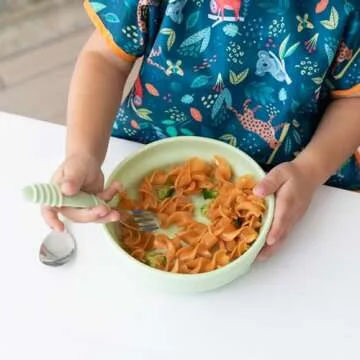 Bumkins Toddler Utensils, Kids Size Fork and Spoon Set, Silicone and Stainless-Steel Training Silverware, Angled Forks / Sporks for Self-Feeding, Children Hold Learning to Eat, 18 Mos Up, Sage Green