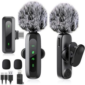 USB C Wireless Lavalier Microphone for iPhone 15/16, Mini Lav LED Mic for Android Phone with Noise C...