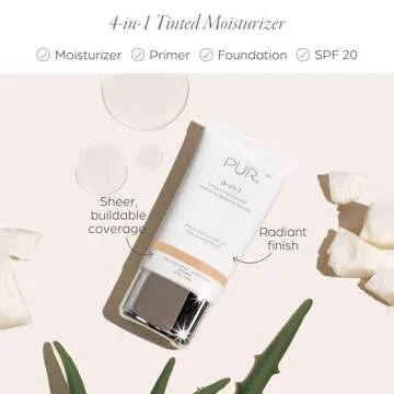 PUR Beauty 4-in-1 Tinted Moisturizer with SPF 20 - Hydrating Skin Tint Face Moisturizer, Primer & Foundation with Shea Butter, Aloe Vera & Vitamin B3 - Vegan Friendly, Paraben Free (Light)
