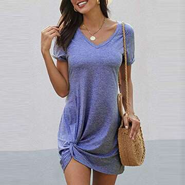 Padaleks Women's Summer Twist Knot T Shirt Dress Print Color Block O-Neck Short Sleeve Mini Dresses Tunics Tops