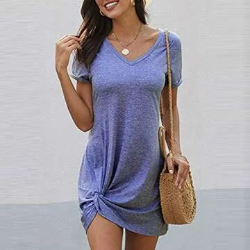 Padaleks Women's Summer Twist Knot T Shirt Dress Print Color Block O-Neck Short Sleeve Mini Dresses Tunics Tops