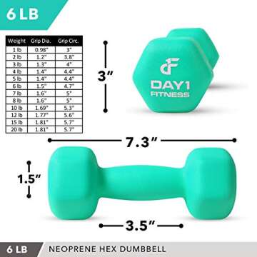 Neoprene Dumbbell Pairs by Day 1 Fitness – 6 Pounds - Non-Slip, Hexagon Shape, Color Coded, Easy T...