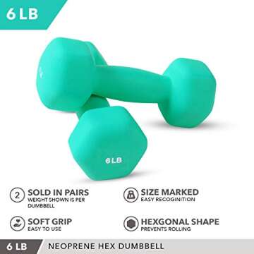 Neoprene Dumbbell Pairs by Day 1 Fitness – 6 Pounds - Non-Slip, Hexagon Shape, Color Coded, Easy To Read Hand Weights for Muscle Toning, Strength Building, Weight Loss
