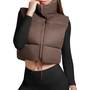 Century Star Brown Puffer Vest Women Cropped Puffer Vest Women's Outerwear Vests Puffy Sleeveless 2024 Quilted Vest Top Jacket Coat Fall Winter Gilet Sleeveless Zip Girls Puffer Vest Small