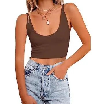 REORIA Women's Summer Sexy Casual Deep Scoop Neck Double Lined Adjustable Spaghetti Strap Cami Camisole Seamless Sleeveless Cropped Tank Top Basic Yoga Crop Tops Plus Size Coffee X-Large