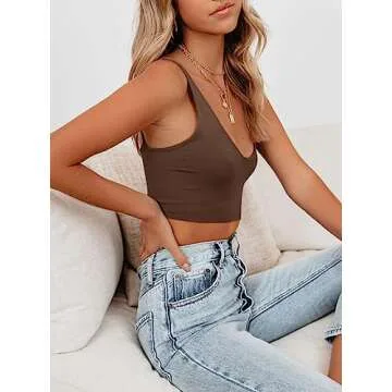 REORIA Women's Summer Sexy Casual Deep Scoop Neck Double Lined Adjustable Spaghetti Strap Cami Camisole Seamless Sleeveless Cropped Tank Top Basic Yoga Crop Tops Plus Size Coffee X-Large
