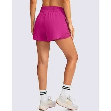 Soothfeel Women's 2 in 1 Running Shorts High Waisted Athletic Shorts Exercise Gym Workout Shorts for Women with Pockets Rose
