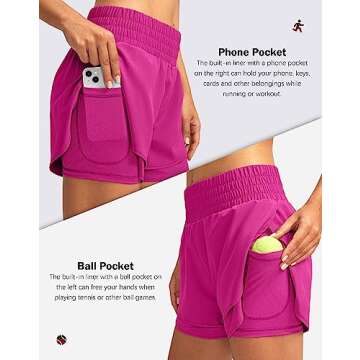 Soothfeel Women's 2 in 1 Running Shorts High Waisted Athletic Shorts Exercise Gym Workout Shorts for Women with Pockets Rose