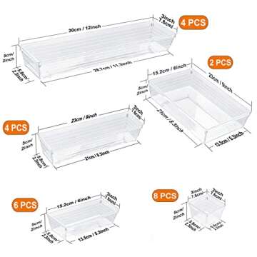 Kutesna 24 PCS Plastic Clear Drawer Organizer,Makeup Organizer Desk Drawer Organizers for Bathroom, Kitchen, Dresser, Closet