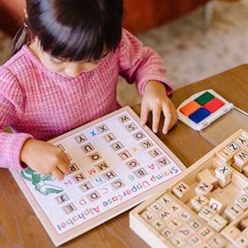 Melissa & Doug Deluxe Wooden Toy Stamp Set ABCs 123s Arts and Crafts Stamp Sets and Stencils 3+ Gift for Boy or Girl