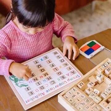 Melissa & Doug Deluxe Wooden Toy Stamp Set ABCs 123s Arts and Crafts Stamp Sets and Stencils 3+ Gift for Boy or Girl