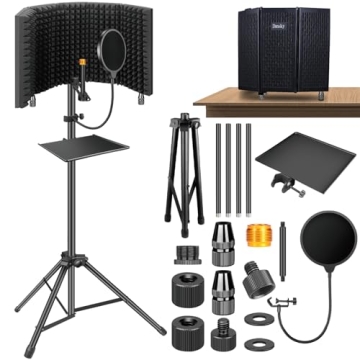 Dmsky Microphone Isolation Shield with Pop Filter & Tripod Stand, Foldable Mic Shield with Triple So...