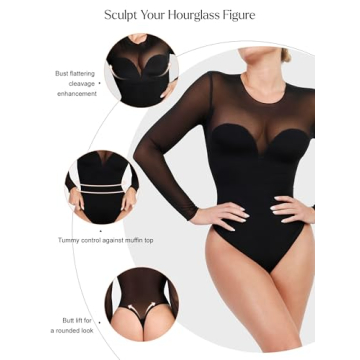 Popilush Black Long Sleeve Shapewear Bodysuit for Women