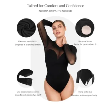 Popilush Black Long Sleeve Shapewear Bodysuit for Women