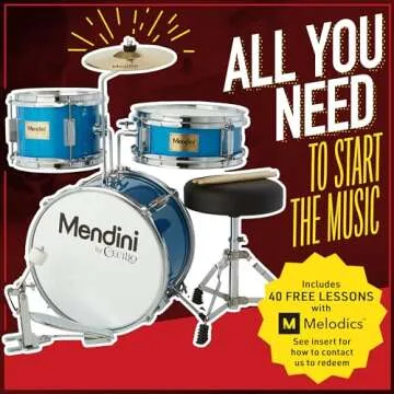 Mendini By Cecilio Kids Drum Set - Junior Kit w/ 4 Drums (Bass, Tom, Snare, Cymbal), Drumsticks, Dru...
