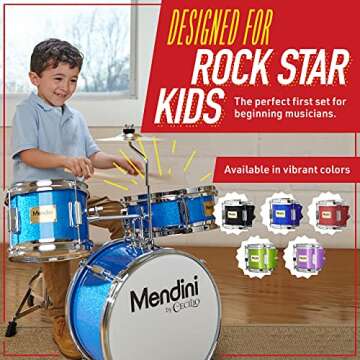 Mendini By Cecilio Kids Drum Set - Junior Kit w/ 4 Drums (Bass, Tom, Snare, Cymbal), Drumsticks, Drummer Seat - Beginner Drum Sets & Musical Instruments
