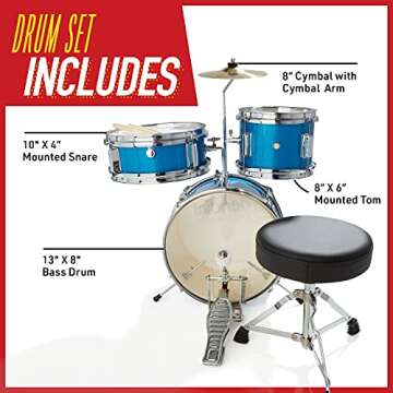 Mendini By Cecilio Kids Drum Set - Junior Kit w/ 4 Drums (Bass, Tom, Snare, Cymbal), Drumsticks, Drummer Seat - Beginner Drum Sets & Musical Instruments