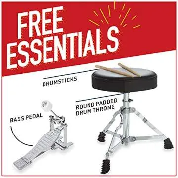 Mendini By Cecilio Kids Drum Set - Junior Kit w/ 4 Drums (Bass, Tom, Snare, Cymbal), Drumsticks, Drummer Seat - Beginner Drum Sets & Musical Instruments