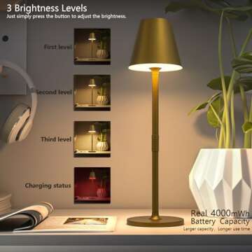 Timjorman LED CordlessTable Lamp,4000mAh Rechargeable Battery Desk lamp,3 Level Brightness Portable ...