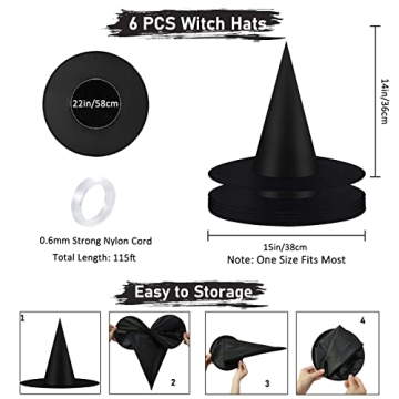 6 PCS Halloween Witch Hats for Costume & Decoration