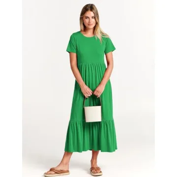 ANRABESS Women Summer Casual Short Sleeve Crewneck Aline Swing Flowy Tiered Shirt Maxi Beach Long Dress 2025 Trendy Outfits XX-Large Forest