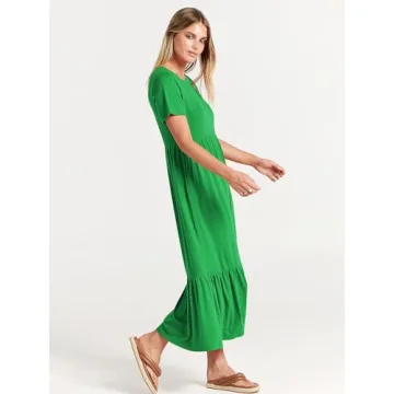 ANRABESS Women Summer Casual Short Sleeve Crewneck Aline Swing Flowy Tiered Shirt Maxi Beach Long Dress 2025 Trendy Outfits XX-Large Forest