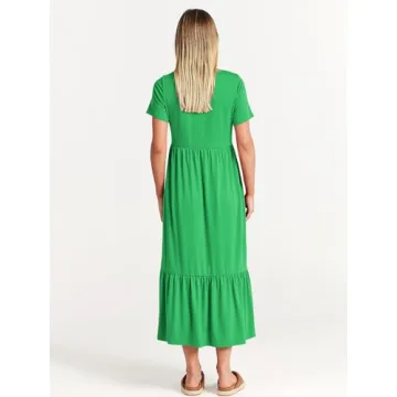 ANRABESS Women Summer Casual Short Sleeve Crewneck Aline Swing Flowy Tiered Shirt Maxi Beach Long Dress 2025 Trendy Outfits XX-Large Forest