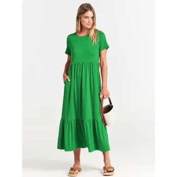 ANRABESS Women Summer Casual Short Sleeve Crewneck Aline Swing Flowy Tiered Shirt Maxi Beach Long Dress 2025 Trendy Outfits XX-Large Forest