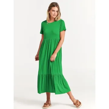 ANRABESS Women Summer Casual Short Sleeve Crewneck Aline Swing Flowy Tiered Shirt Maxi Beach Long Dress 2025 Trendy Outfits XX-Large Forest