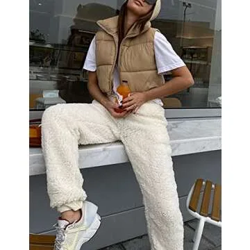 Yidarer Women's Full Zip Up Warm Crop Vest Sleeveless Puffer Vest Lightweight Padded Gilet(Khaki-M)