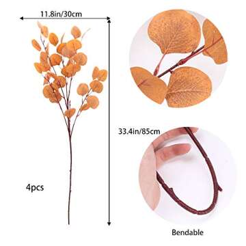HUAESIN 4 Pcs Artificial Eucalyptus Branches Fall Decorations Long Stem Silk Silver Dollar Eucalyptus Leaves for Autumn Wreath Farmhouse Home Party Wedding Decoration Orange