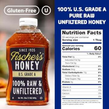 Fischer's 100% Pure, Raw & Unfiltered Honey – USA Made Honey, 24 oz – All-Natural Sweetener – Rich Flavor Profile, Packed with Nutrients