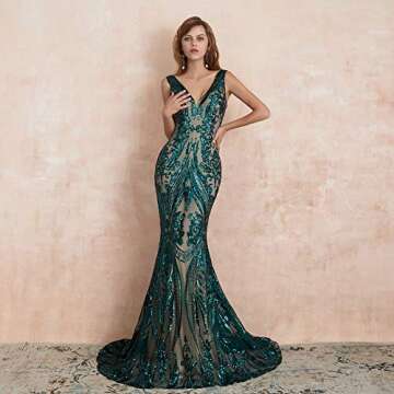 Leyidress Women's Sequin V Neck Mermaid Prom Dress Green Sleeveless Pageant Trumpet Evening Dress Ce...