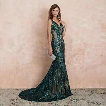 Leyidress Women's Sequin V Neck Mermaid Prom Dress Green Sleeveless Pageant Trumpet Evening Dress Celebrity Gowns US4