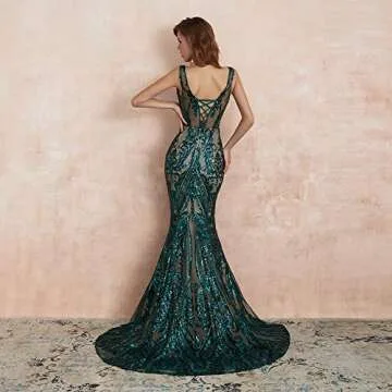 Leyidress Women's Sequin V Neck Mermaid Prom Dress Green Sleeveless Pageant Trumpet Evening Dress Celebrity Gowns US4