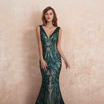 Leyidress Women's Sequin V Neck Mermaid Prom Dress Green Sleeveless Pageant Trumpet Evening Dress Celebrity Gowns US4