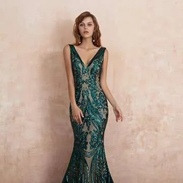 Leyidress Women's Sequin V Neck Mermaid Prom Dress Green Sleeveless Pageant Trumpet Evening Dress Celebrity Gowns US4