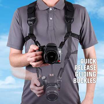 USA GEAR DSLR Camera Strap Chest Harness with Quick Release Buckles, Black Neoprene Pattern and Acce...