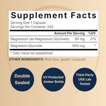Magnesium Glycinate Capsules 500mg | 240 Count, 100% Chelated & Purified, 3rd Party Tested, Non-GMO & Gluten Free