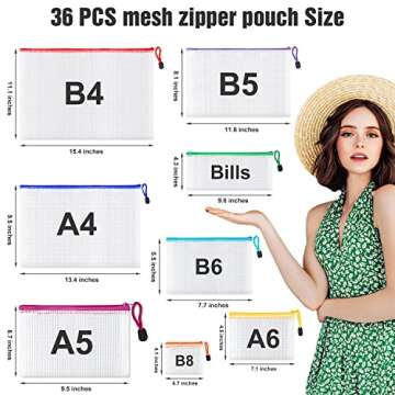 Mesh Zipper Pouch Bags, 36Pcs Zipper Pouches for Organizing, 8 Size 8 Color Waterproof Plastic Zippe...