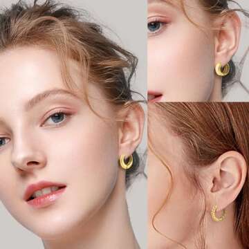 Wgoud 6 Pairs Gold Hoop Earrings Set for Women, 14K Gold Plated Hypoallergenic Lightweight Chunky Open Huggie Hoops Earrings Jewelry for Gift. (B-Gold hoops)