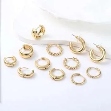 Wgoud 6 Pairs Gold Hoop Earrings Set for Women, 14K Gold Plated Hypoallergenic Lightweight Chunky Open Huggie Hoops Earrings Jewelry for Gift. (B-Gold hoops)
