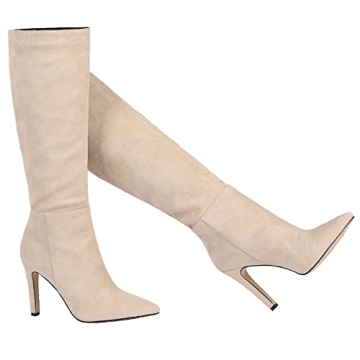 LEHOOR Women Beige Suede Stiletto Knee high Boots Wide Calf Pull On Pointed Toe Slouch long boots Co...