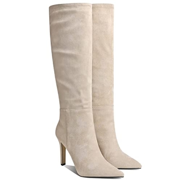 LEHOOR Women Beige Suede Stiletto Knee high Boots Wide Calf Pull On Pointed Toe Slouch long boots Comfort High Heel Long Boots Office Daily Casual Dress Boots Winter Warm Nude Size 7.5 M US